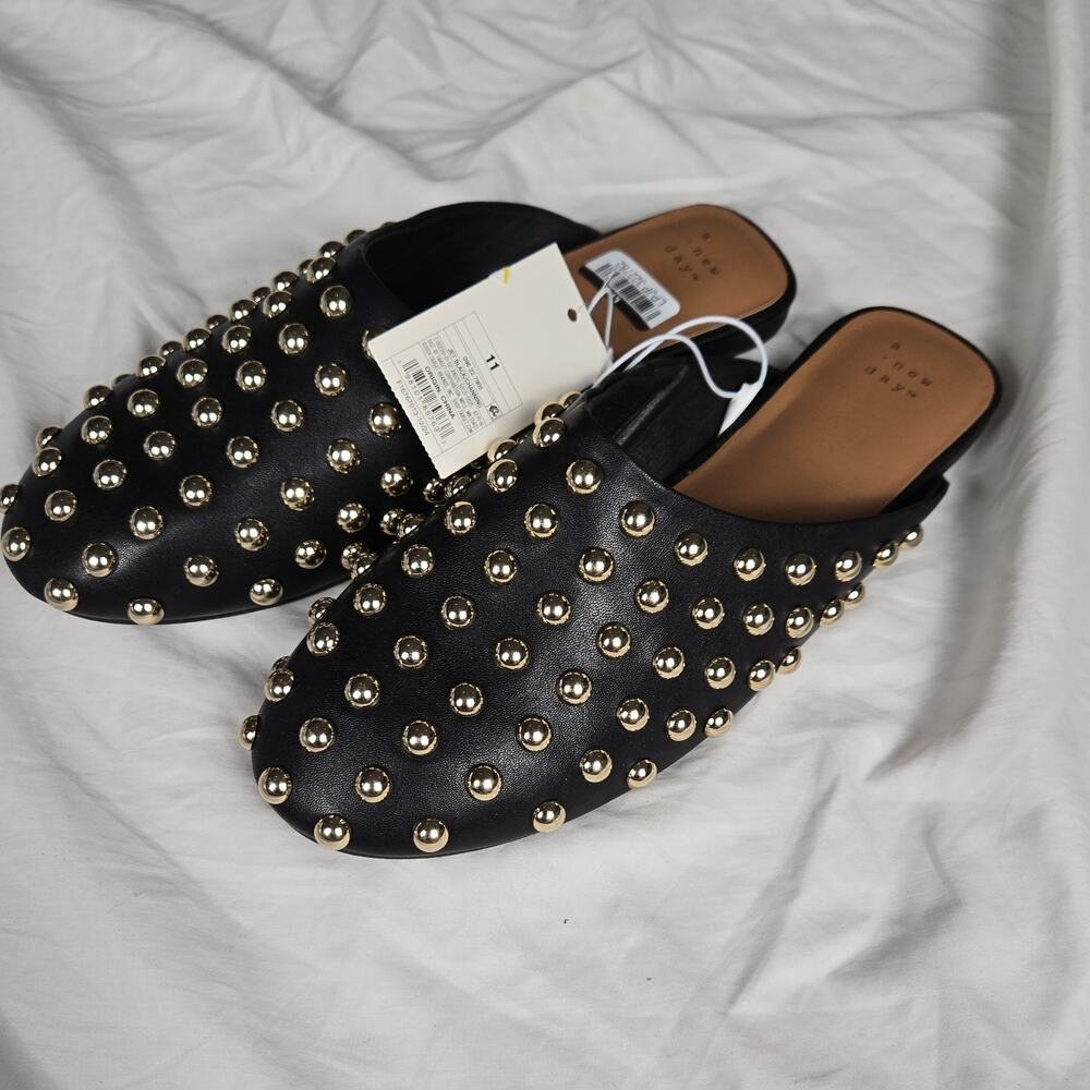 #65 A New Day Studded Memory Foam Slip-On Flats Black Gold Women's Size 7